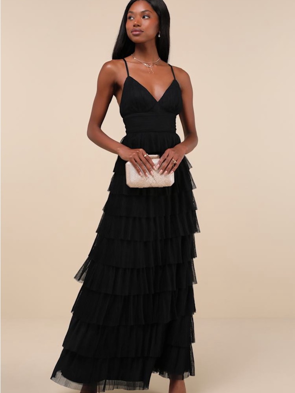 Lulus Radiant Event Black Mesh Tiered Pleated Backless Maxi Dress Size XS Formal - Picture 2 of 9